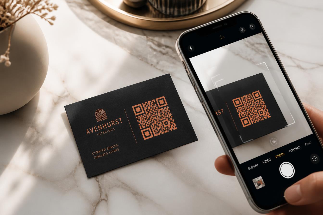 A custom coral-orange QR code on a premium black business card being scanned by a smartphone