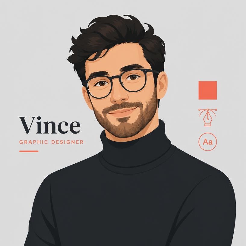 Illustrated portrait of Vince Hua, a custom QR code designer